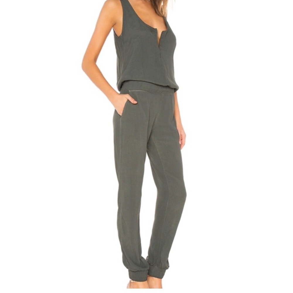 Monrow Womens Sleeveless Crepe Zip Front Jogger Jumpsuit Small Forrest Green